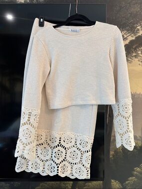 Cream Crochet-Hem Ribbed Knit Pencil Skirt set